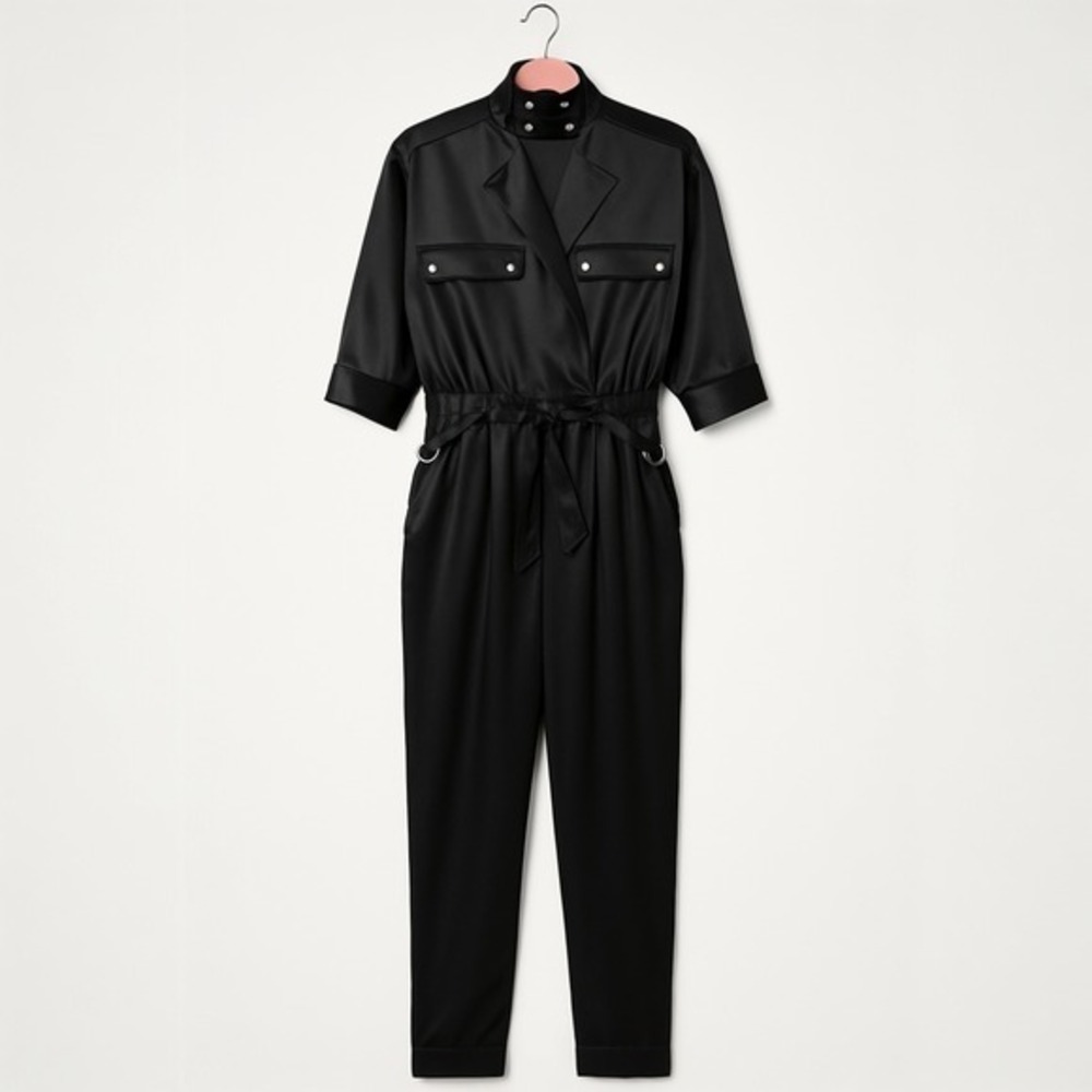 BEBE Black Satin Utility Jumpsuit Sz S Mock Neck Zip Tapered Leg Belted Y2K Goth